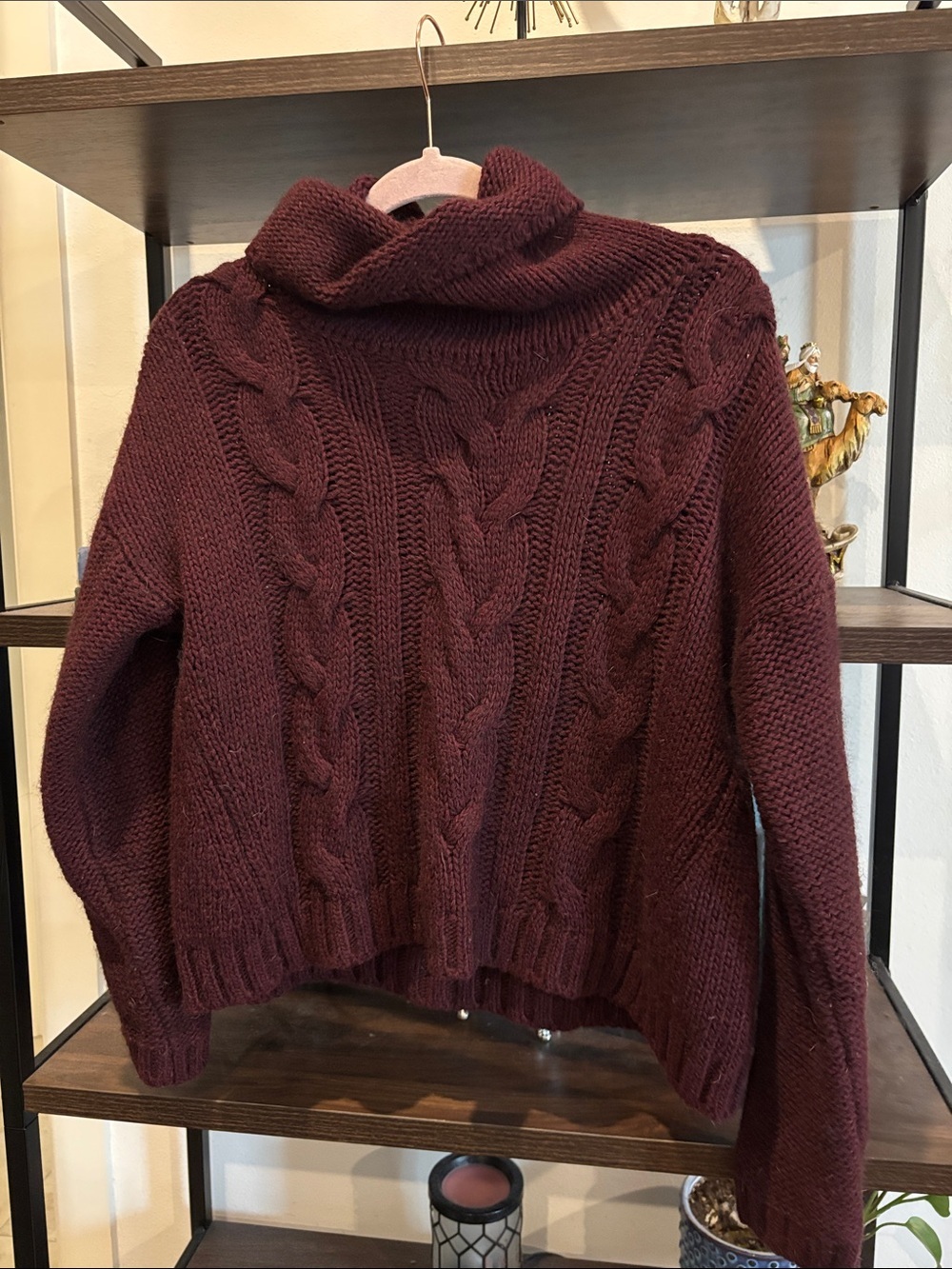 Brandy Melville Cable-Knit Turtleneck Sweater - Burgundy Italy Wool Blend OS